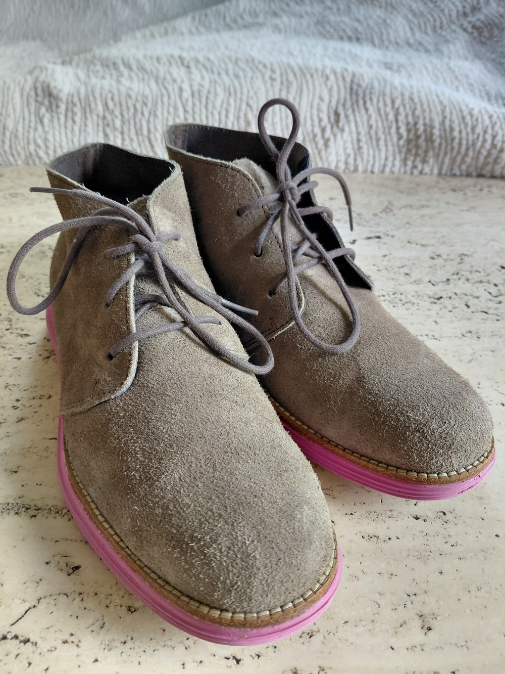 Cole Haan Taupe Suede Chukka Boots with Pink Sole